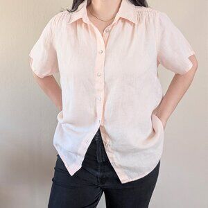 Pink Linen Blend‎ Short Sleeve Button Down Blouse with Gathered Shoulders - M/L